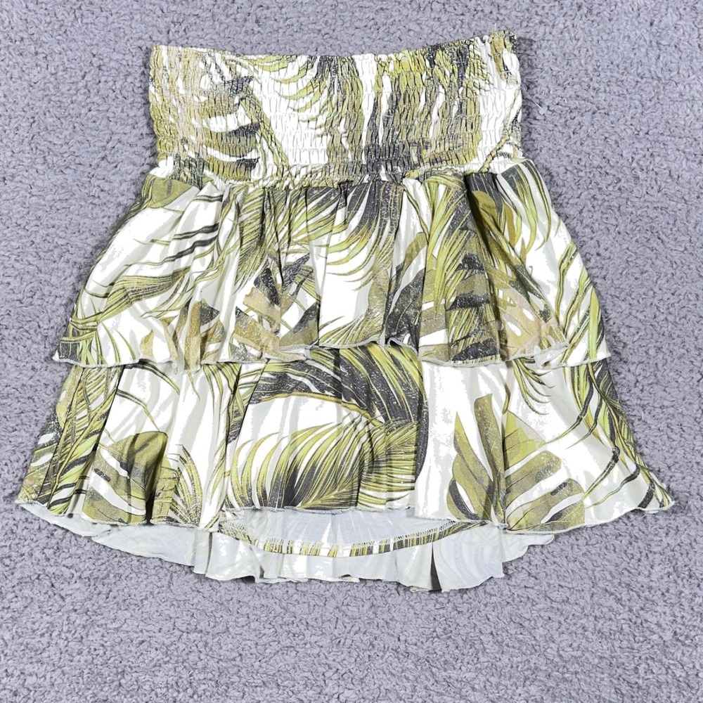 Chaser Tiered Ruffle Palm Leaf Print Smocked Mini Skirt Medium Boho Resort Wear